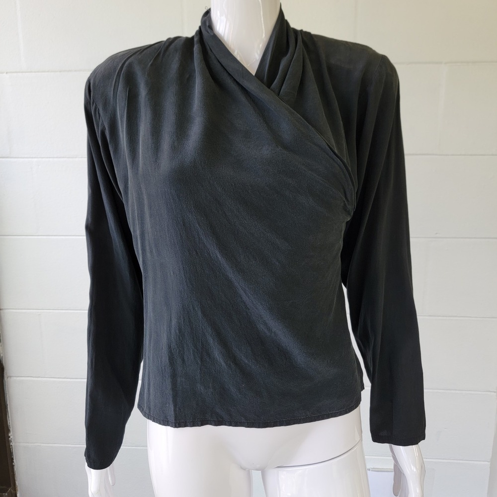 Vintage 80s Oleg Cassini Black Blouse Women's 10 Wrap 100% Silk Shoulder Pads